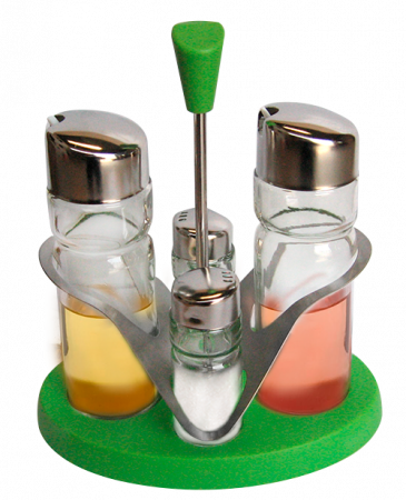 Servirea mesei - RAKI Oliviera cu suport plastic verde, sticle ulei/otet 2x160ml, solnita/pipernita 2x35ml