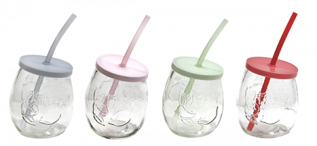 Produse - RAKI Pahar limonada cu pai si capac, 400ml, din sticla, diferite culori