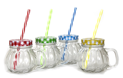 Produse - RAKI Pahar tip borcan cu capac si pai in diferite culori, 350ml, sticla