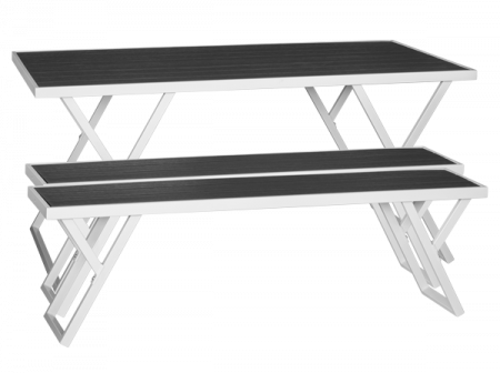 Produse - RAKI PLASTIC WOOD Set mobilier gradina, masa dreptunghiulara + 2 banci, plastic antracit si cadru metalic alb