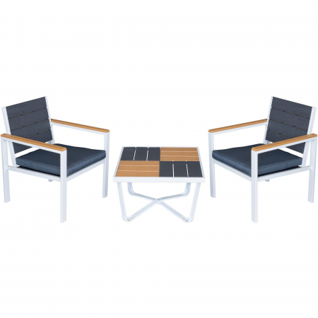 Produse - RAKI PLASTIC WOOD Set mobilier terasa, 2 scaune cu brate si perne + masa, plastic antracit/natur si cadru metalic alb