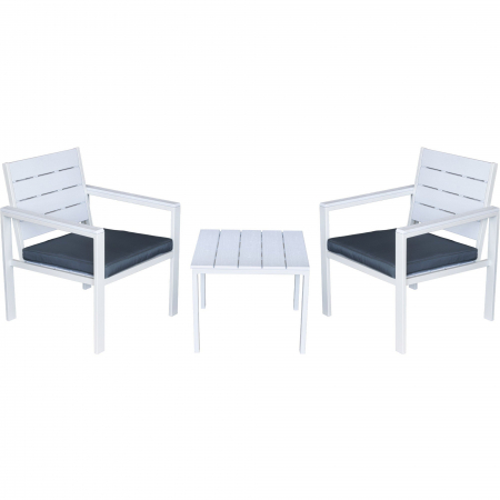 Produse - RAKI PLASTIC WOOD Set mobilier terasa, 2 scaune cu brate si perne + masa, plastic cu cadru metalic, alb