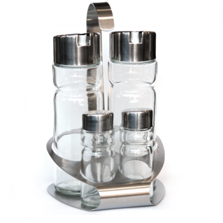 Servirea mesei - RAKI PREMIUM Oliviera 5 piese, cu suport inox oval, 2 sticle ulei/otet, solnita si pipernita