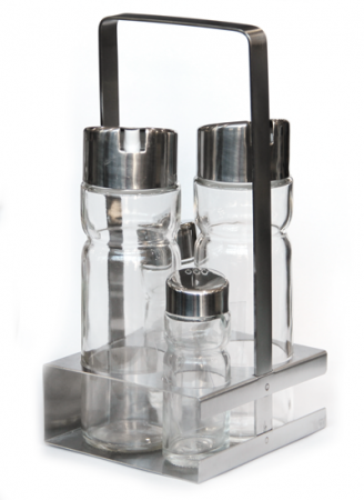 Servirea mesei - RAKI PREMIUM Oliviera 5 piese, cu suport inox patrat, maner patrat, 2 sticle ulei/otet, solnita si pipernita