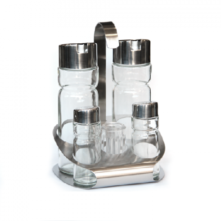 Servirea mesei - RAKI PREMIUM Oliviera 6 piese, cu suport inox oval, 2 sticle ulei/otet, solnita, pipernita, suport scobitori