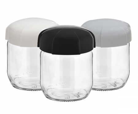 Depozitare, suporturi si accesorii - RAKI RHEA Borcan sticla 425ml, cu capac plastic de diferite culori