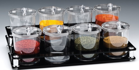 Display-uri si suporturi - RAKI Set 8 borcane condimente 750ml din policarbonat, cu suport acrilic, 49x27xh18cm