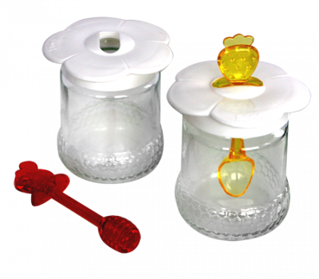 RAKI Set 2 borcane din sticla cu lingurita miere si ligurita normala, 2x370ml, cu capac plastic, diferite culori [1]