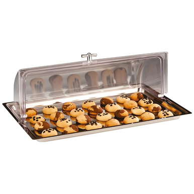 Display-uri si suporturi - RAKI Set bufet platou inox GN 1/1 cu capac rolltop policarbonat, 56x36xh18cm