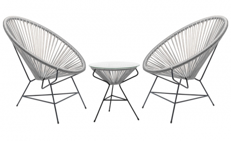 Seturi - RAKI Set mobila terasa, 2 fotolii si masa cu blat de sticla, cadru metalic si impletitura textila, gri deschis