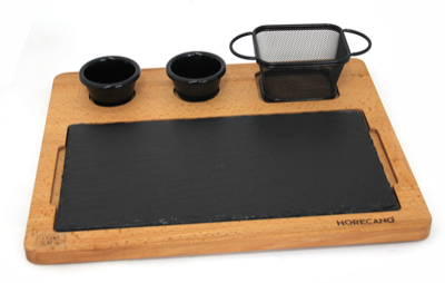 Platouri combinate - RAKI Set servire platou lemn 38x32xh1,5cm, platou ardezie 1/3, 2 boluri sos si cos servire cartofi