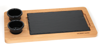 Platouri combinate - RAKI Set servire platou lemn 44x22xh1,5cm, platou ardezie 26,5x16,2cm si 2 boluri sos