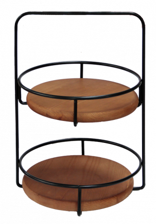 Display-uri si suporturi - RAKI Stand rotund prezentare bufet, cu 2 niveluri, D28xh41cm, metalic cu blaturi lemn