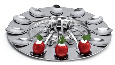 Platouri si boluri inox - RAKI Tava servire cu 12 linguri aperitiv, amouse bouche