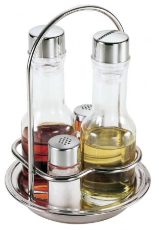 Servirea mesei - RAKI THERMA Oliviera 5 piese, suport inox, 2 sticle ulei si otet, solnita si pipernita