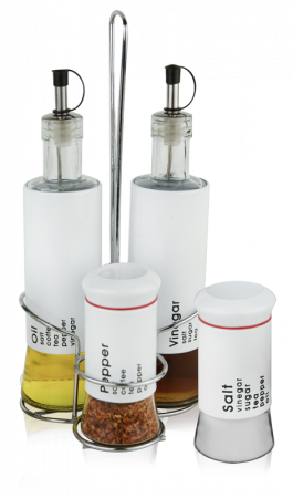 Servirea mesei - RAKI TOP Oliviera cu suport set 5 piese alba, sticle ulei si otet 2x320ml, solnita si pipernita 2x150ml