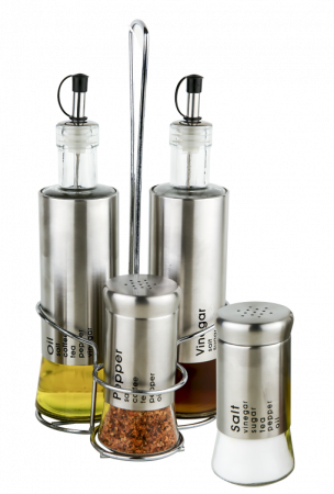 Servirea mesei - RAKI TOP Oliviera cu suport set 5 piese crom, sticle ulei si otet 2x320ml, solnita si pipernita 2x150ml