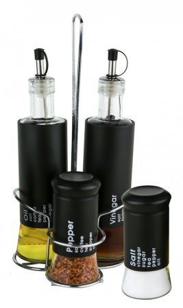 Servirea mesei - RAKI TOP Oliviera cu suport set 5 piese neagra, sticle ulei si otet 2x320ml, solnita si pipernita 2x150ml