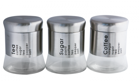 Organizare - RAKI TOP Set 3 borcane pentru depozitare, 3x750ml, D11xh14,5cm, din sticla cu capace filetate, crom