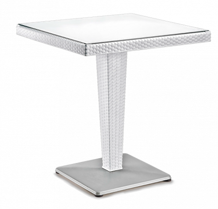 RAKI TOSCANA Masa patrata alba, 70x70xh74cm, plastic cu textura tip ratan, blat din sticla, baza metalica [1]