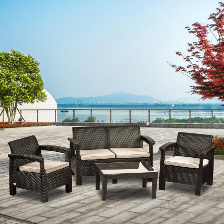 RAKI TOSCANA Set gradina 4 piese, canapea dubla, 2 fotolii si masa, maro, plastic tip ratan [1]