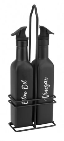 Servirea mesei - RAKI VINTAGE BLACK Oliviera 3 piese, sticle pentru ulei si otet de 250ml din sticla cu suport metalic, negru