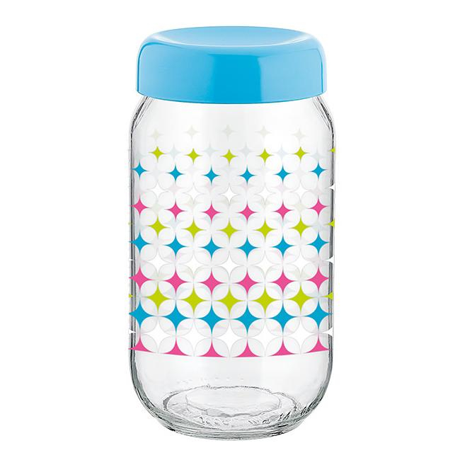 RAKI LINEA Borcan sticla 1l, capac plastic de diferite culori, cu diferite decoruri