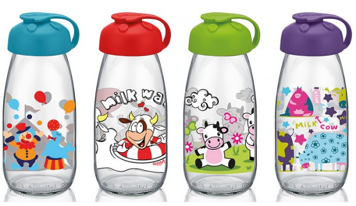 RAKI MILKY Sticla pentru copii cu decor 250ml, din sticla, diferite decoruri si culori