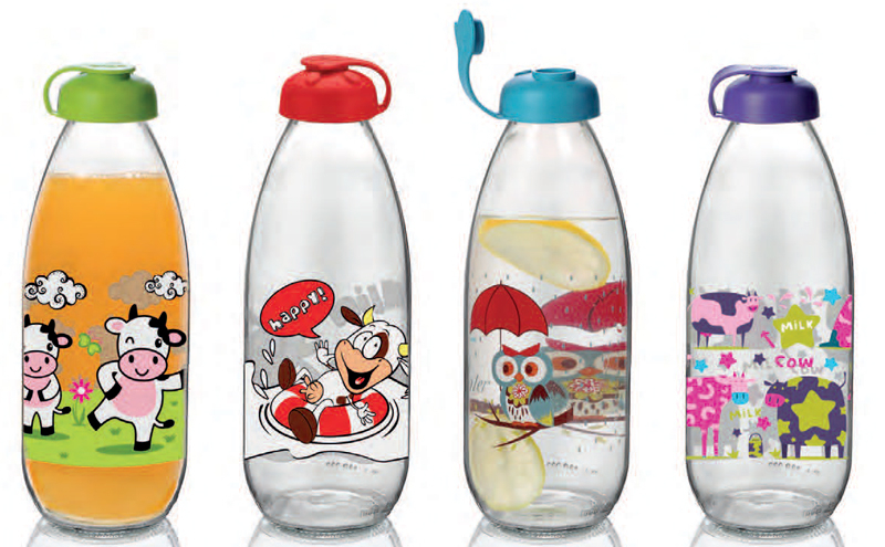 RAKI MILKY Sticla pentru lapte apa cu decor 1l, din sticla, diferite decoruri si culori