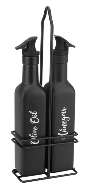 RAKI VINTAGE BLACK Oliviera 3 piese, sticle pentru ulei si otet de 250ml din sticla cu suport metalic, negru