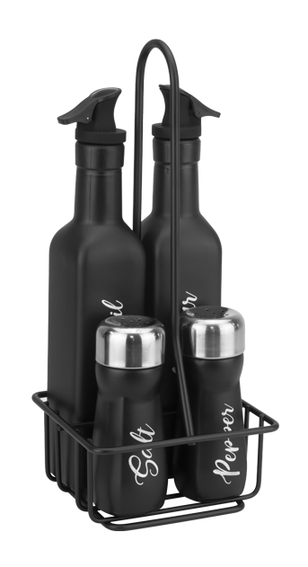 RAKI VINTAGE BLACK Oliviera 5 piese, 2 sticle pentru ulei si otet de 250ml din sticla, solnita si pipernita de 80ml din sticla, suport metalic, negru