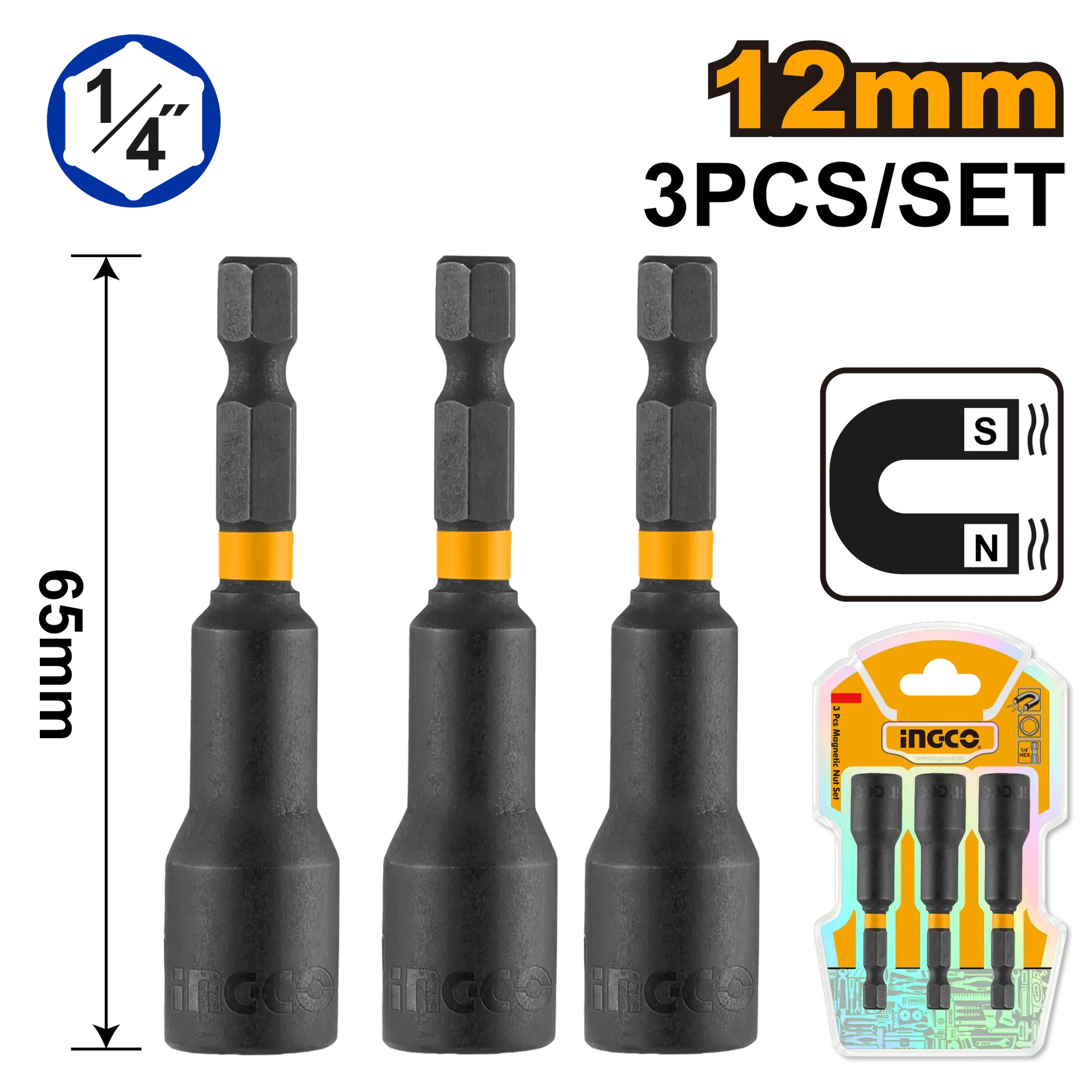 Set 3 Chei Magnetice Impact 1/4", 12mm, cu magnet puternic – INGCO [1]