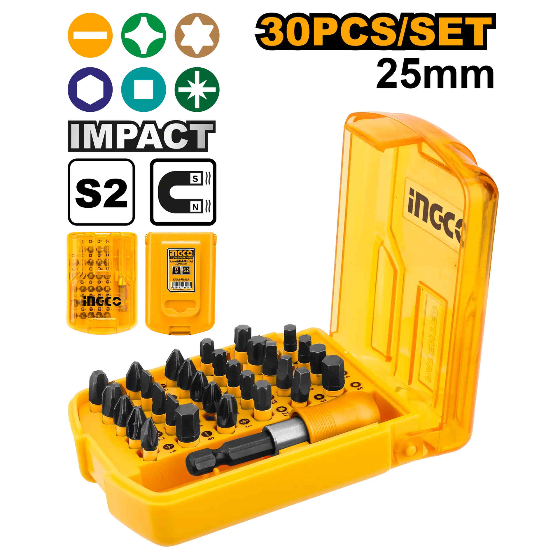 Set de Biti pentru Impact, 30 bucati, in cutie rezistenta galbena – INGCO [1]