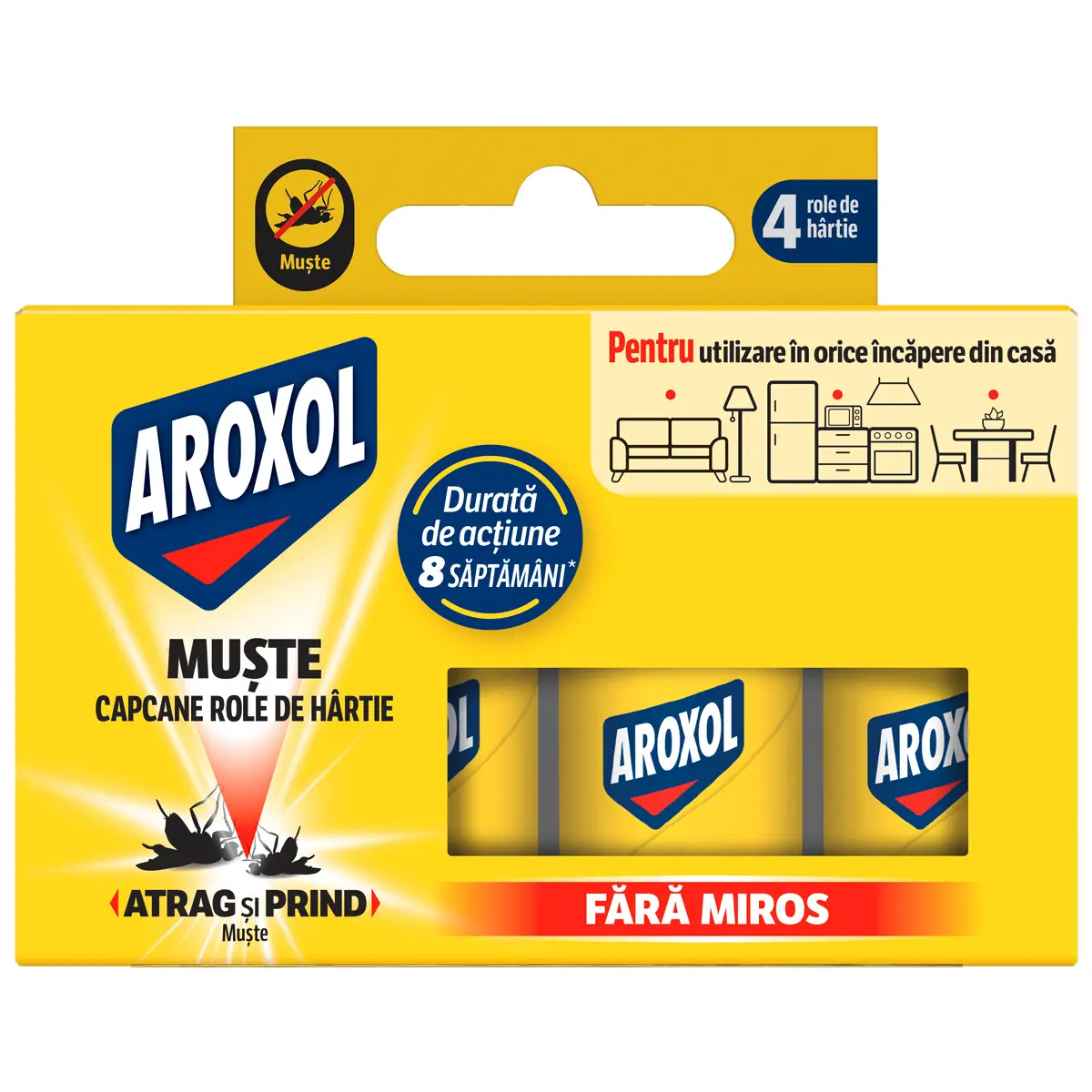 Insecticid - Banda Adeziva pentru Muste Aroxol, Set 4 Role cu Lipici Eco Ultra Puternic pentru Casa si Anexe