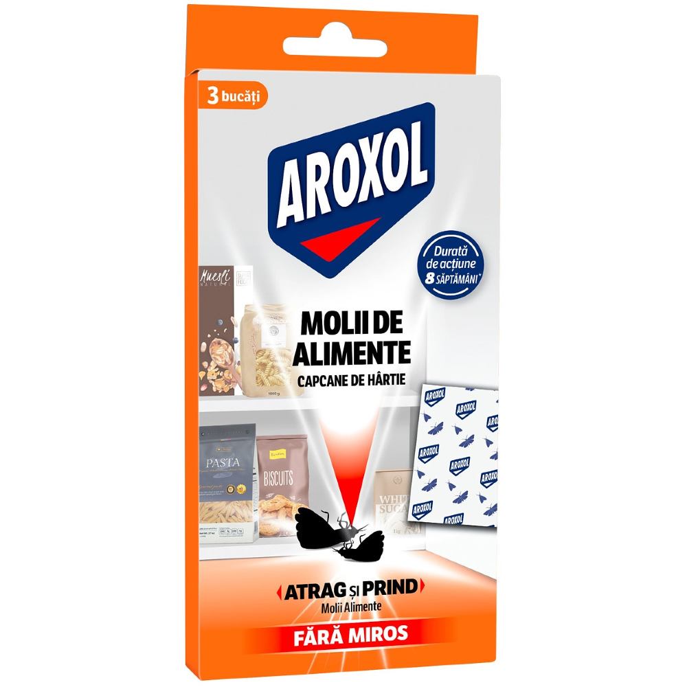 Insecticid - Capcana Anti Molii de Alimente Aroxol, Set 3 Bucati, Banda cu Lipici si Feromoni pentru Camara si Bucatarie