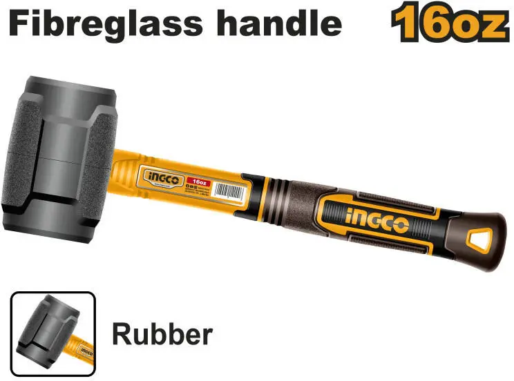 Baros / Ciocan / Topor - Ciocan din Cauciuc Negru 450g Ingco, Mailet Profesional cu Maner din Fibra de Sticla Anti-Soc