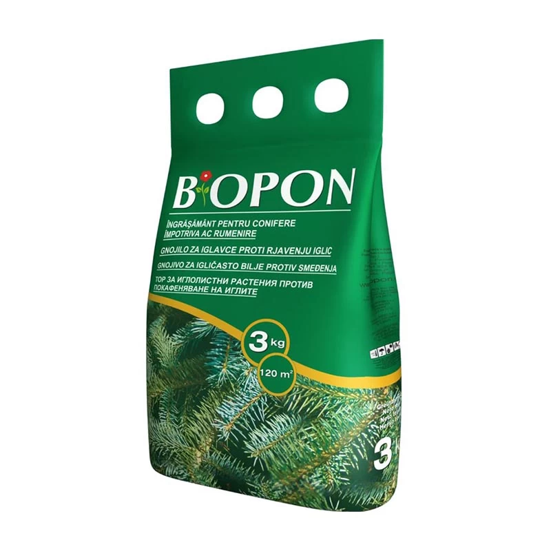 Ingrasaminte plante - CUTIE / KG - Ingrasamant Biopon Anti-Ingalbenire pentru Conifere, 3kg, acopera 120 mp
