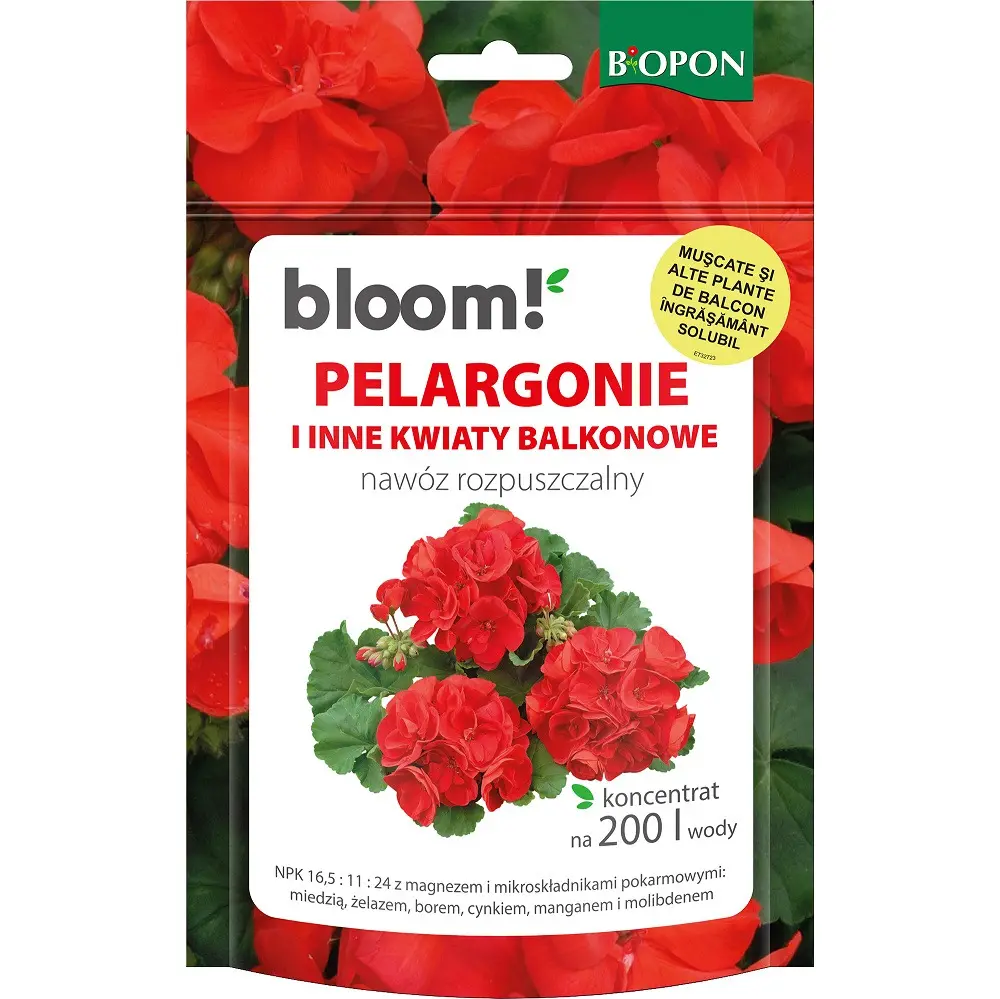 Ingrasaminte plante - Ingrasamant Solubil Biopon Bloom Muscata si Flori Balcon 200g - Inflorire de Durata