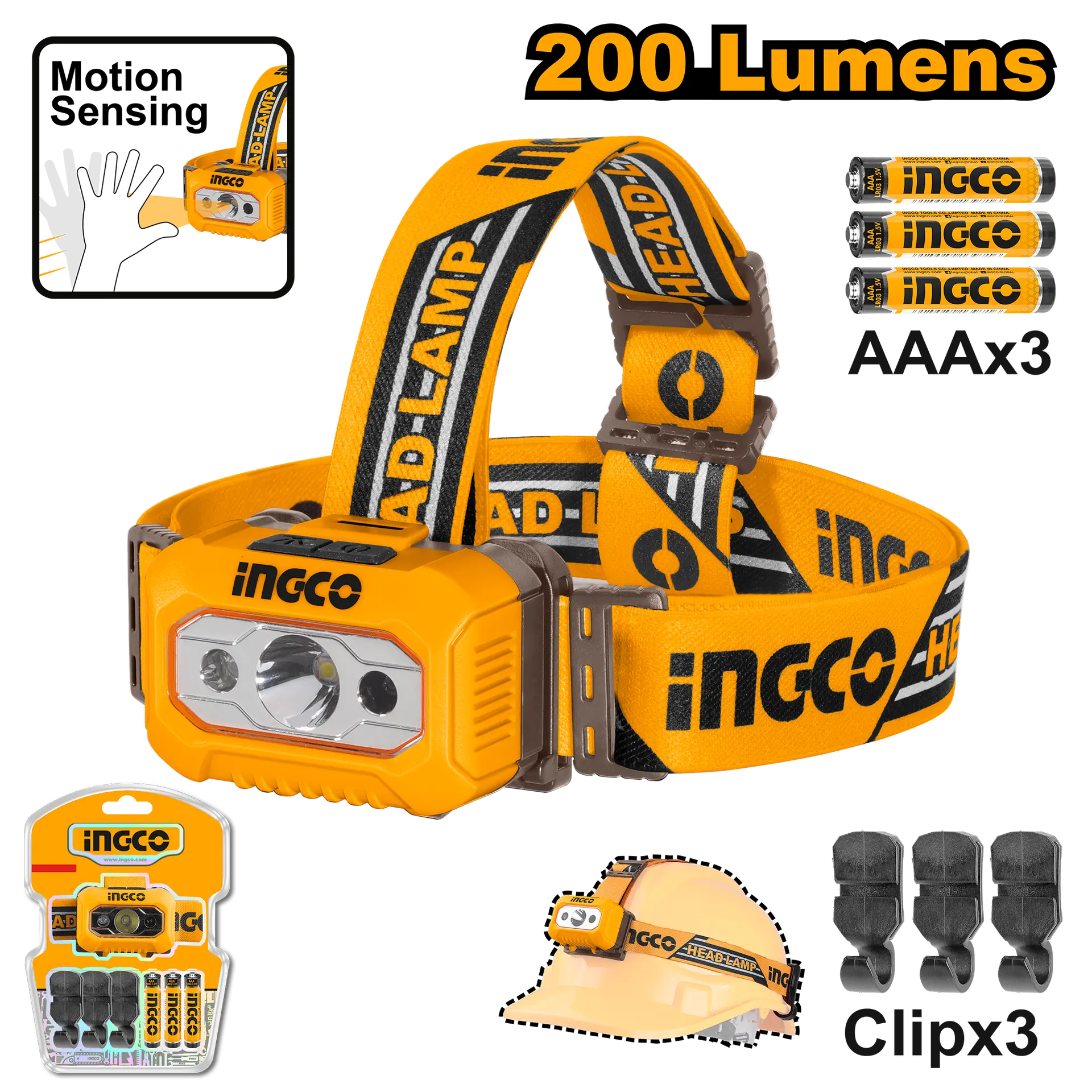 Lichidare STOC - Lanterna de Cap LED Ingco HHL013AAA8 - 200 Lumeni Rezistenta la Apa