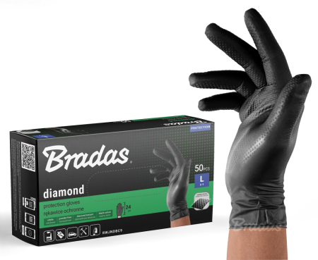 Echipament protectie gradina - Manusi Nitril Negre DIAMOND L (8-9), Set 50 buc, Textura Diamantata, Ultra-Rezistente