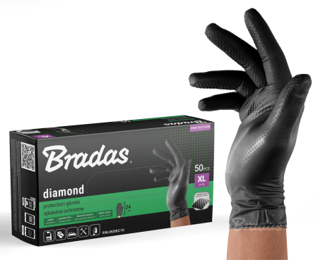 Echipament protectie gradina - Manusi Nitril Negre DIAMOND XL (10), Set 50 buc, Textura Diamantata, Ultra-Rezistente