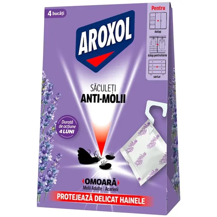 Insecticid - Saculeți Anti Molii de Haine Aroxol Sachets Lavanda 4 Bucati, Pliculete Parfumate pentru Dressing si Dulap