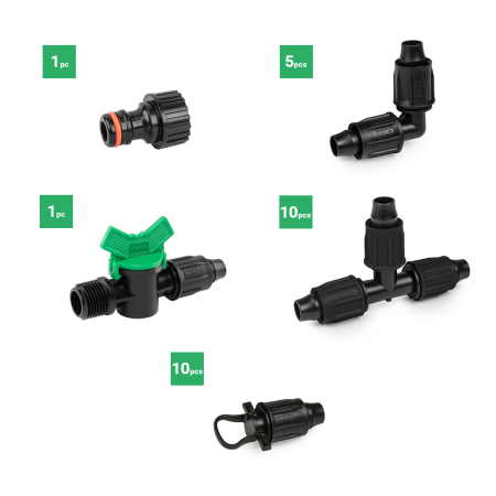 Set Accesorii Irigare prin Picurare Tub 16mm Bradas, Kit Fitinguri Complete (27 piese/set) [1]