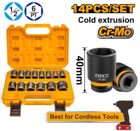 Truse /set scule - Set Capete Chei Tubulare 14 Piese INGCO HKISSD12141 - Prindere 1/2 Inch