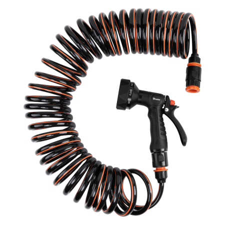 Accesorii irigat - Set Furtun Spiralat Gradina 10m Spring Flex Bradas cu Pistol 9 Functii si Conectori