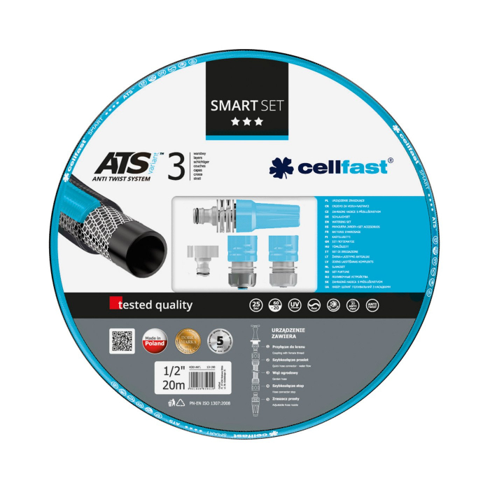 Set furtun pentru gradina Cellfast SMART ATS3, 1/2", Armat, 20m, protectie UV, antirasucire, duza stropire, conectori [1]