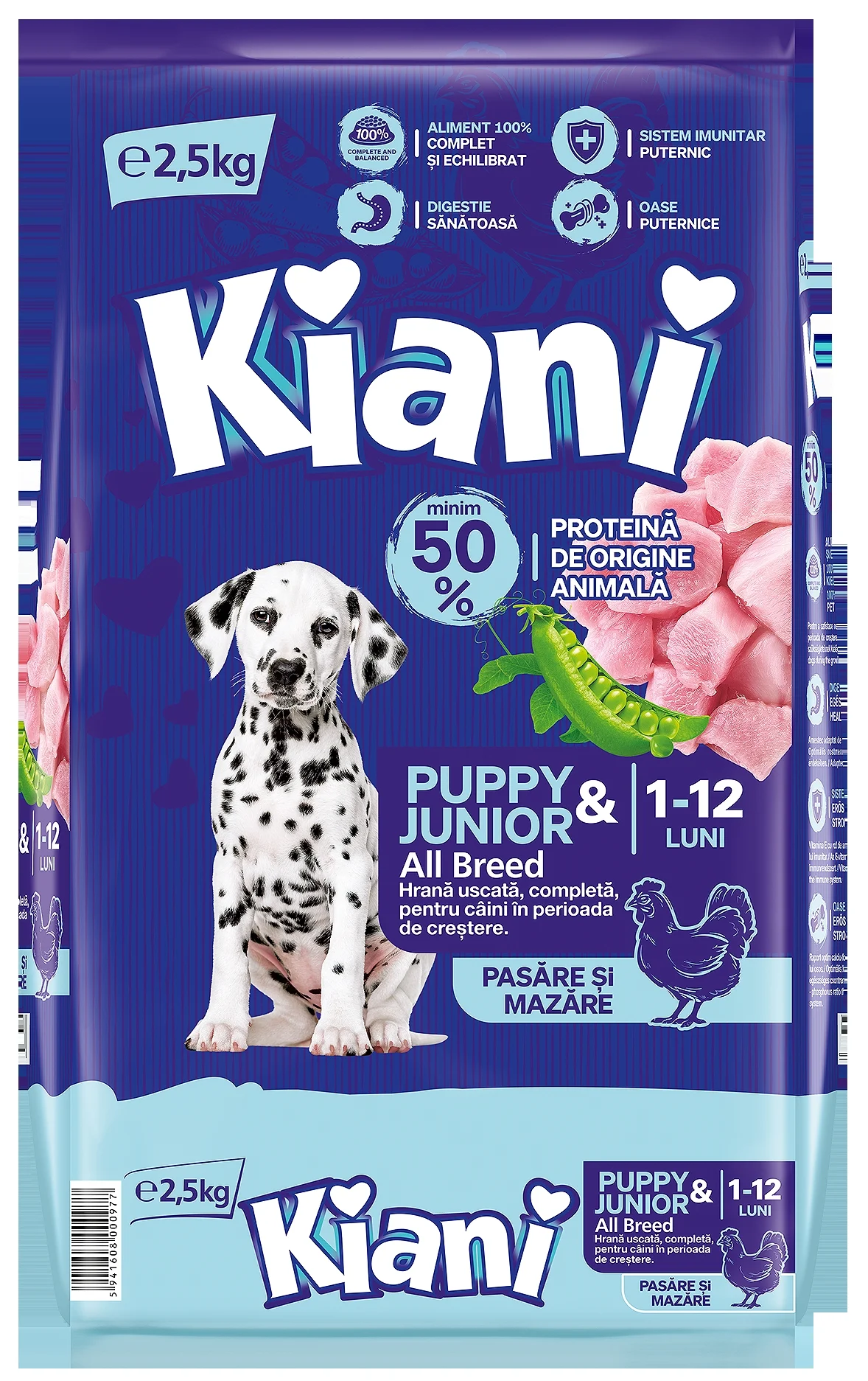 Hrana pentru caini - Hrana uscata pentru caini Kiani 2.5 kg cu aroma de pasare si mazare