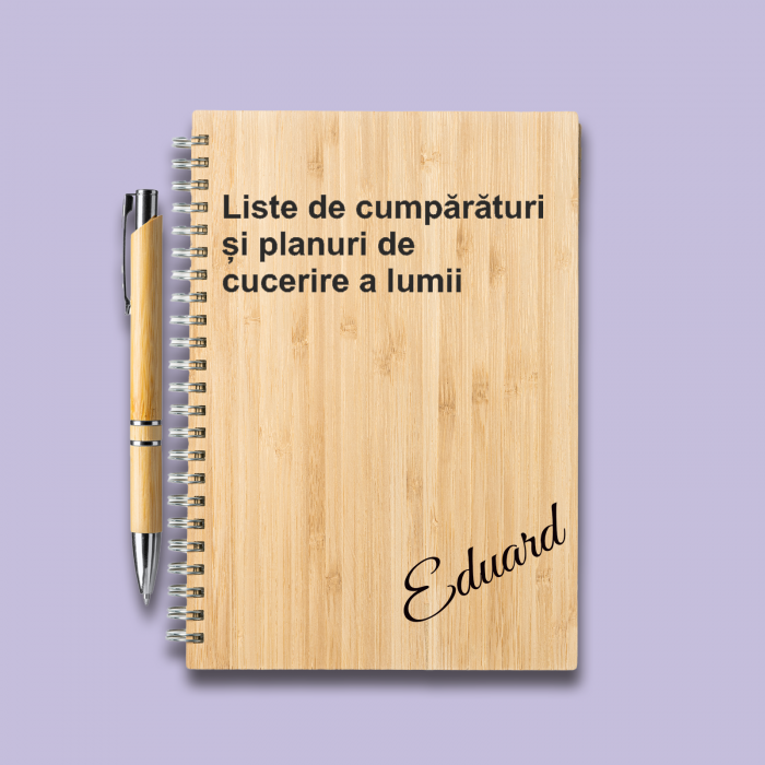 Agenda personalizata din lemn cu mesaj Liste de cumparaturi si planuri de cucerire a lumii [1]