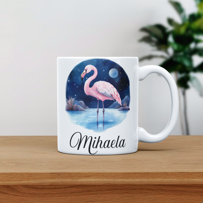 Cana personalizata cu poza si nume Flamingo noaptea [1]