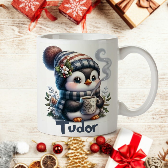 Cana personalizata cu nume de Craciun Pinguin albastru [1]